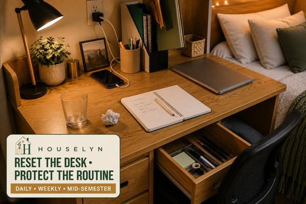 College dorm desk being reset after study with stationery returned, papers filed and the next-day planner prepared.