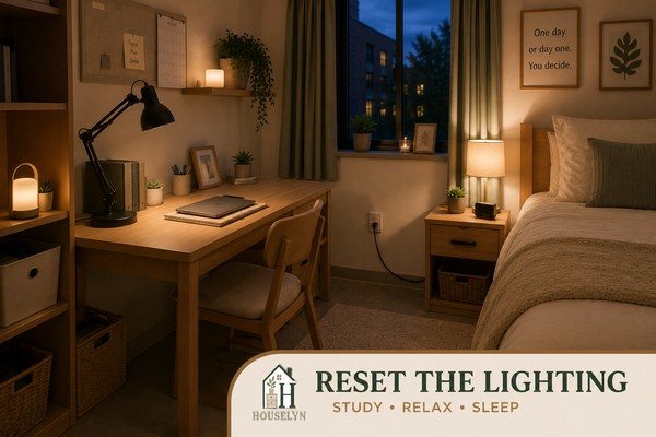 Warm college dorm transitioning from focused desk lighting to a calm bedside evening setup.