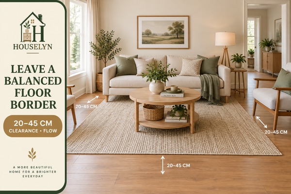 Living room with a correctly sized rug leaving balanced exposed flooring around the seating area