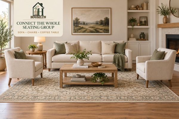 Living room rug connecting a sofa, two chairs and coffee table within one balanced seating group