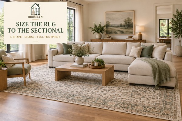 Large living room rug correctly sized beneath an L-shaped sectional sofa and coffee table