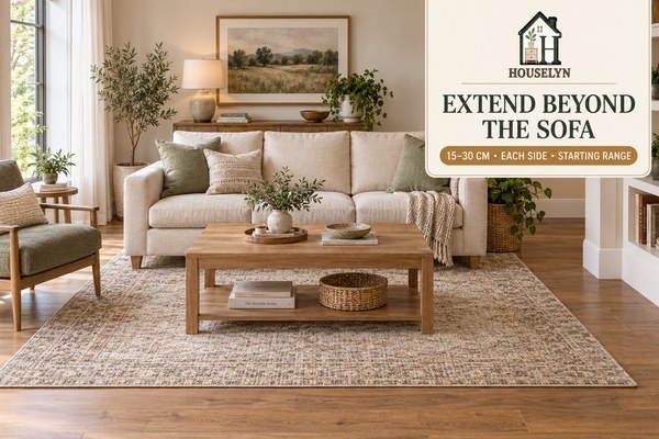Living room rug extending beyond both sides of a sofa to create balanced proportions