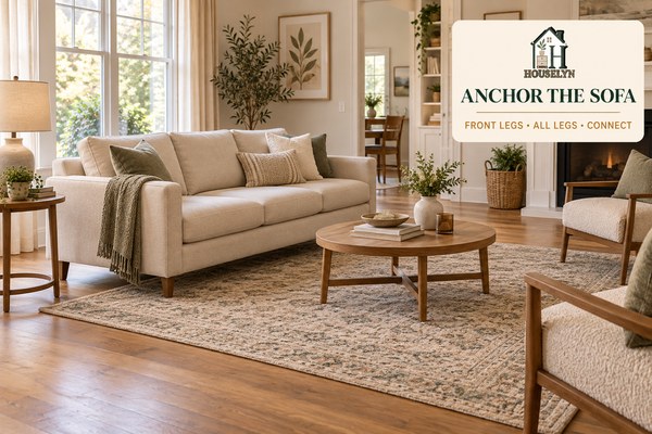 Living room showing sofa front legs resting on a correctly sized rug with balanced placement