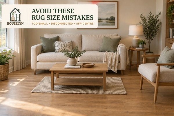Living room showing common rug sizing mistakes including a rug that is too narrow for the sofa