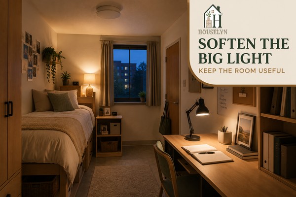 Warm college dorm using indirect lamps to soften harsh overhead lighting while keeping the desk and bed visible.
