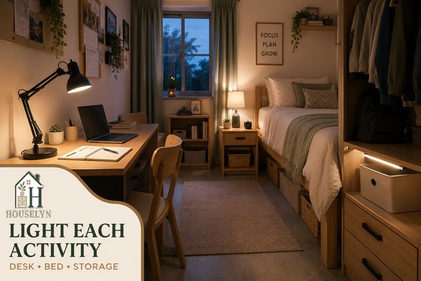 College dorm with focused task lighting at the desk, a local bedside lamp and subtle storage-zone lighting.