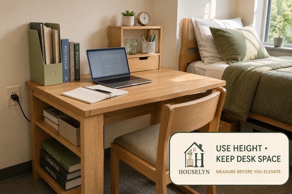 Small college dorm desk with a measured freestanding shelf, vertical file storage and a clear working surface.